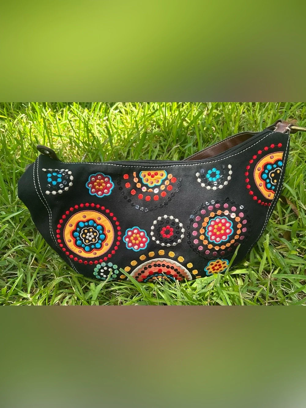 Relic Black Shoulder Bag with Multicolor Embroidered Medallions